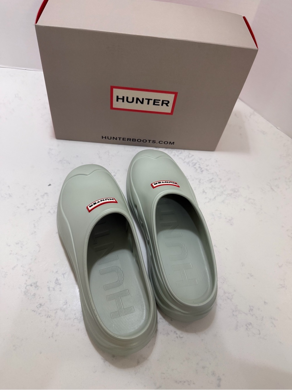 Hunter Light Green Slip-On Clogs with Red Logo Accents - Picture 4 of 9